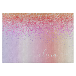 Rainbow Pastel Girly Glitter Metal Monogram Name Cutting Board
