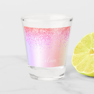 Rainbow Pastel Girly Glitter Metal Monogram Name Shot Glass