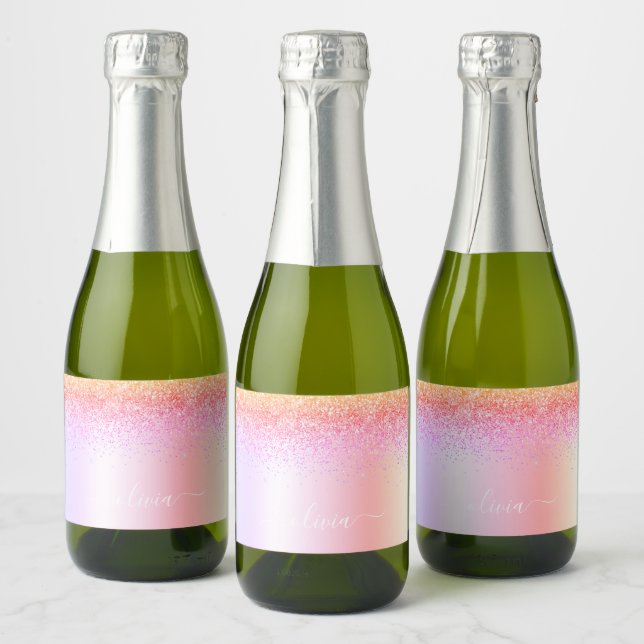 Rainbow Pastel Girly Glitter Metal Monogram Name Sparkling Wine Label (Bottles)