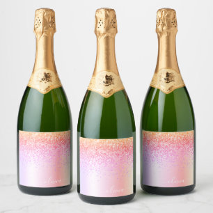 Rainbow Pastel Girly Glitter Metal Monogram Name Sparkling Wine Label