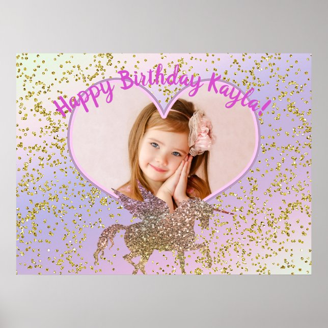 Rainbow Pastel Glitter Unicorn Party Photo Banner Poster (Front)