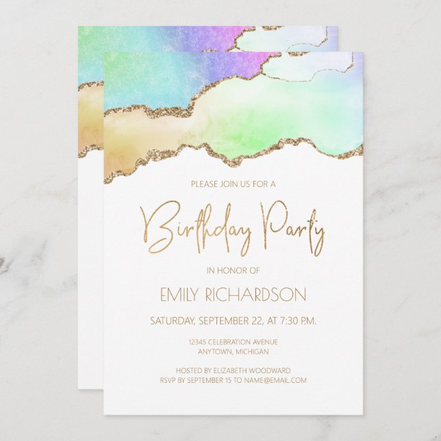 Rainbow Pastel Gold Agate Geode Any Year Birthday Invitation (Front/Back)