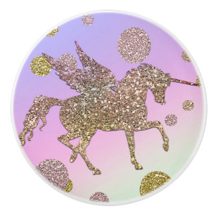 Rainbow Pastel Gold Dots Unicorn Trendy Girls Ceramic Knob
