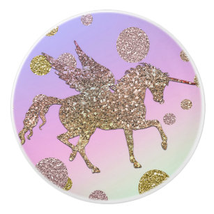 Rainbow Pastel Gold Dots Unicorn Trendy Girls Ceramic Knob
