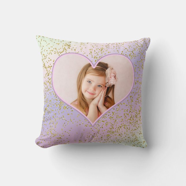 Rainbow Pastel Gold Glitter Heart Photo Picture Throw Pillow (Front)