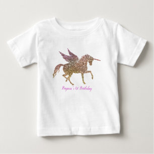 Rainbow Pastel Gold Glitter Unicorn 1st Birthday Baby T-Shirt
