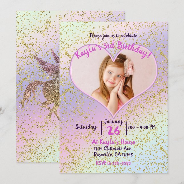 Rainbow Pastel Gold Glitter Unicorn Photo Party Invitation (Front/Back)