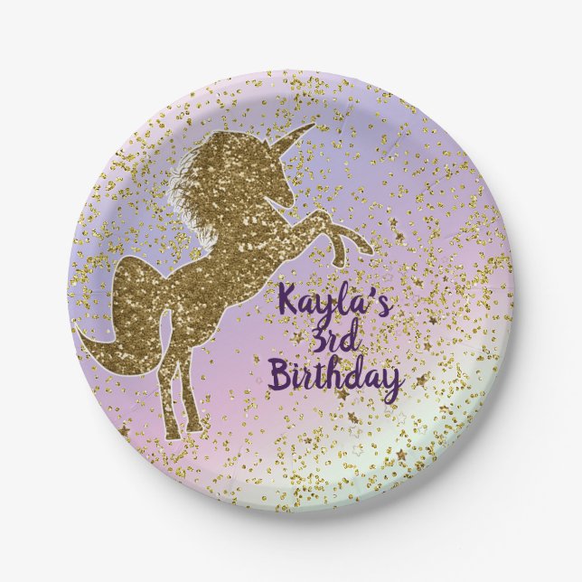 Rainbow Pastel Gold Glitter Unicorn Stars Party Paper Plate (Front)
