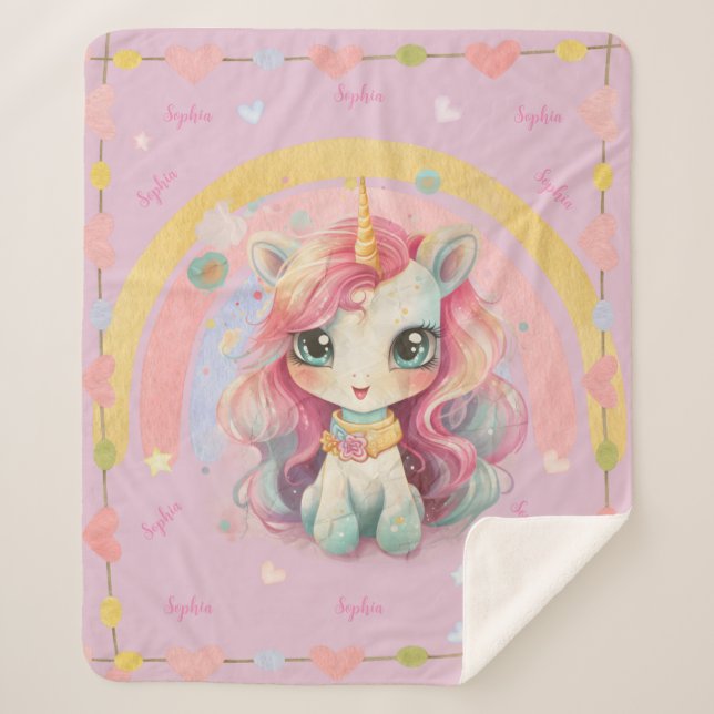 Rainbow Pastel Lilac Kawaii Unicorn With Name Sherpa Blanket (Front)