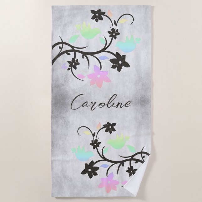 Rainbow Pastel Lovebirds Personalized Beach Towel (Front)