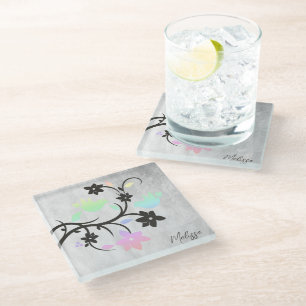Rainbow Pastel Lovebirds Personalized Glass Coaster