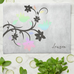 Rainbow Pastel Lovebirds Personalized Kitchen Towel