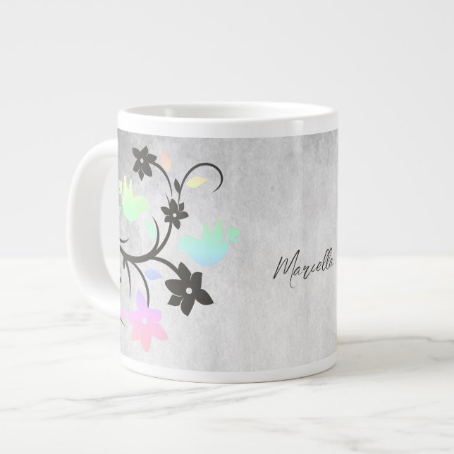 Rainbow Pastel Lovebirds Personalized Large Coffee Mug (Front Left)