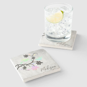 Rainbow Pastel Lovebirds Personalized Stone Coaster