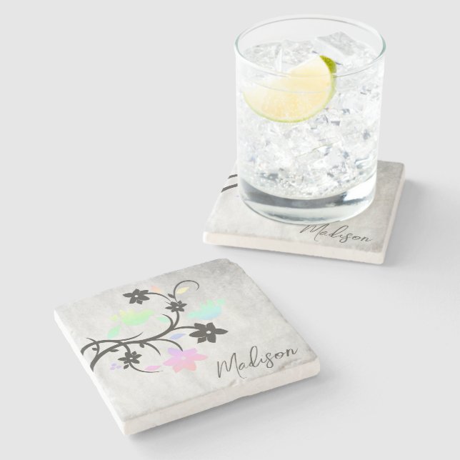 Rainbow Pastel Lovebirds Personalized Stone Coaster (Side)