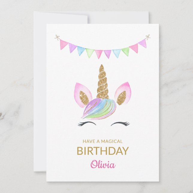 Rainbow Pastel Magique Unicorn Visage Carte Annive (Devant)