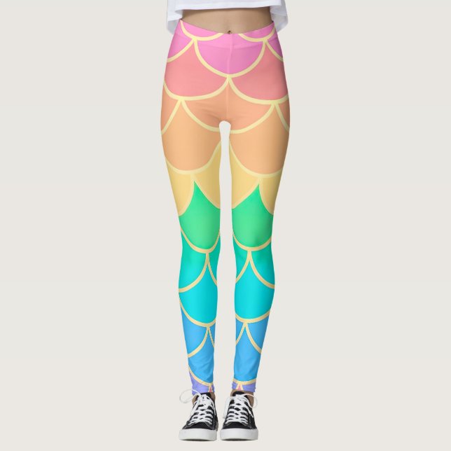 Rainbow Pastel Mermaid Scales Seamless Pattern Leggings (Front)