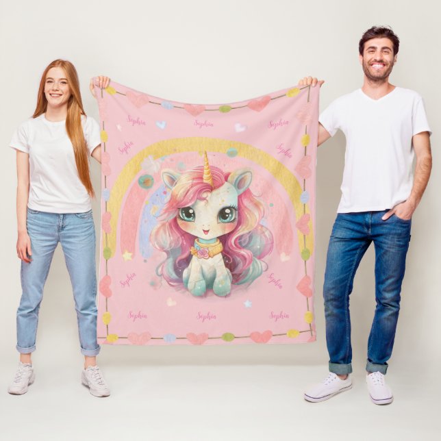 Rainbow Pastel Rose Kawaii Unicorn With Name Fleece Blanket (In Situ)