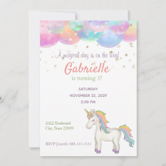 Rainbow Pastel Unicorn Kids Birthday Invitation