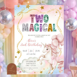 Rainbow Pastel Unicorn Two Magical 2nd birthday In Invitation