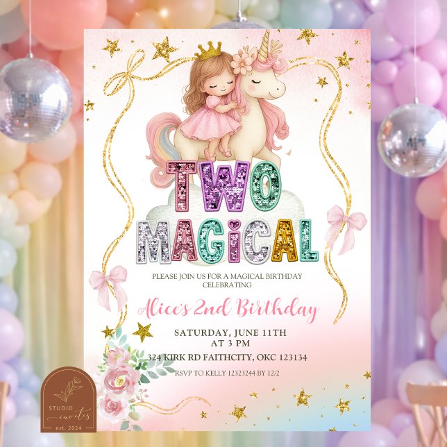Rainbow Pastel Unicorn TWO Magical Birthday Invita Invitation (Creator Uploaded)