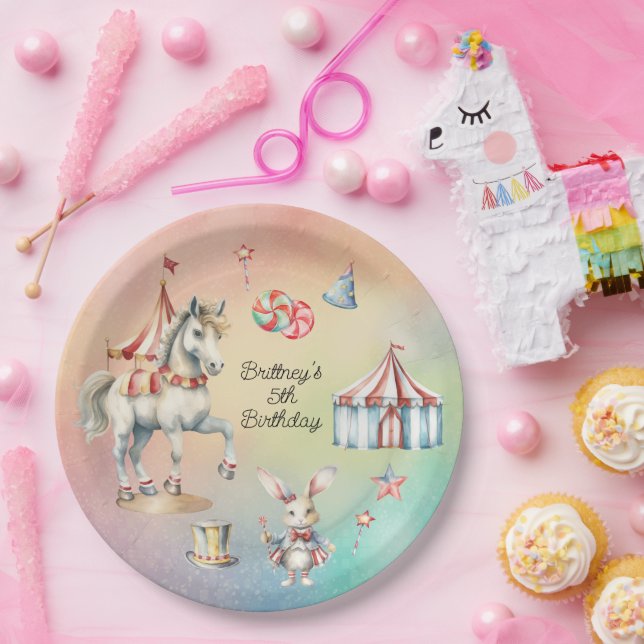 Rainbow Pastel w Animals 5th Birthday Party Paper Plate (Party)