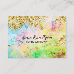 *~* Rainbow Pastel Watercolors + Gold Glitter QR B Business Card