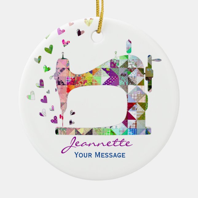 Rainbow Patchwork Quilt Sewing Machine Ceramic Ornament (Front)