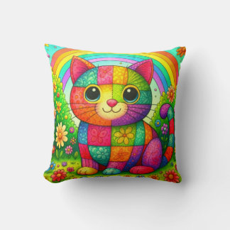 Rainbow Patchwork Whimsical Colourful Kitty Throw Pillow