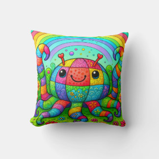 Rainbow Patchwork Whimsical Colourful Octopus Throw Pillow