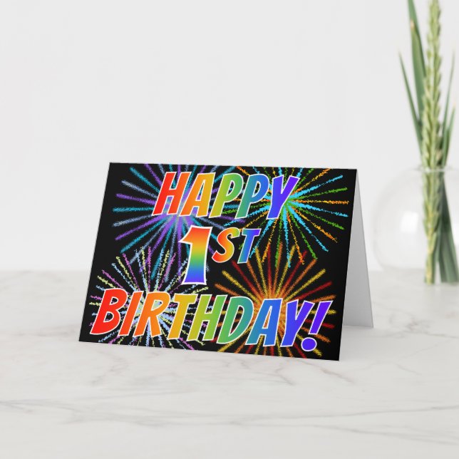 Rainbow Pattern "HAPPY 1ST BIRTHDAY!" + Fireworks Card (Front)