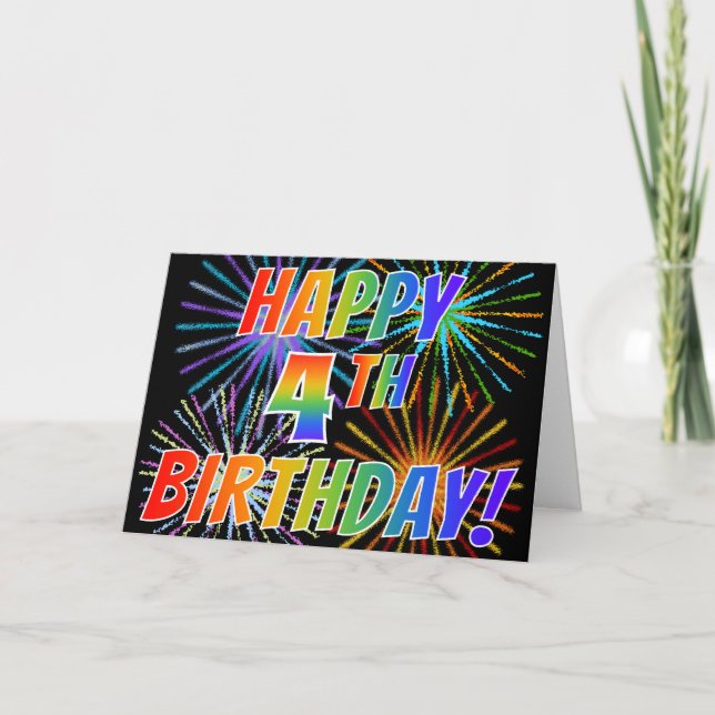 Rainbow Pattern "HAPPY 4TH BIRTHDAY!" + Fireworks Card (Front)