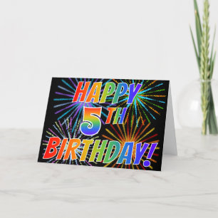 Rainbow Pattern "HAPPY 5TH BIRTHDAY!" + Fireworks Card