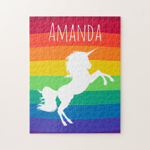 Rainbow Pattern White Unicorn Personalized Custom Jigsaw Puzzle