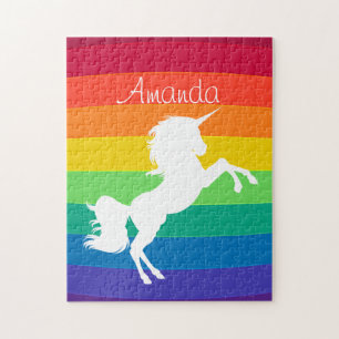 Rainbow Pattern White Unicorn Personalized Custom Jigsaw Puzzle