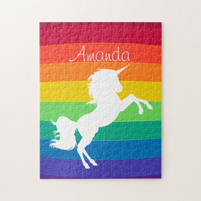 Rainbow Pattern White Unicorn Personalized Custom Jigsaw Puzzle (Vertical)