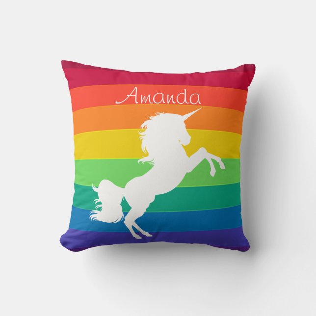 Rainbow Pattern White Unicorn Personalized Custom Throw Pillow (Front)