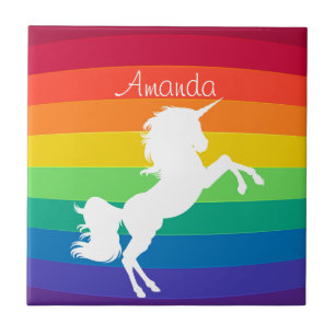 Rainbow Pattern White Unicorn Personalized Custom Tile