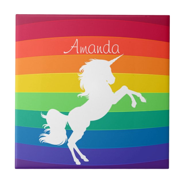 Rainbow Pattern White Unicorn Personalized Custom Tile (Front)