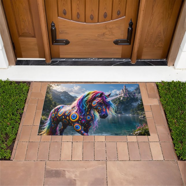 Rainbow patterned unicorn fantasy castle landscape doormat (Outdoor)