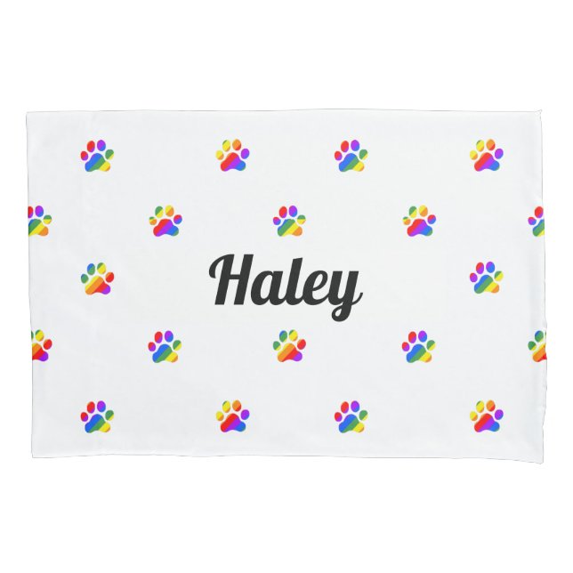 Rainbow Paw Prints Custom Name Pillow Case (Front)