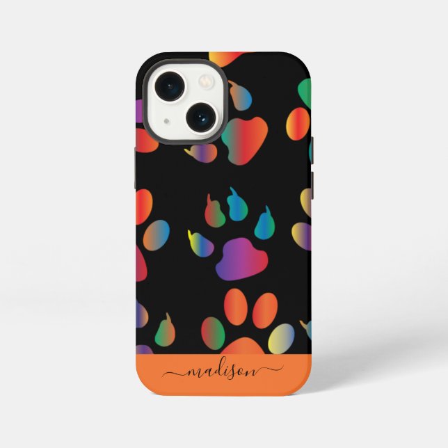 Rainbow Pawprint Pattern Personalized Name iPhone Case (Back)