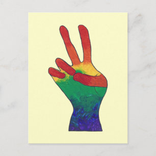 Rainbow peace sign hand postcards