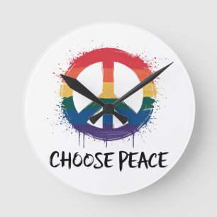 Rainbow Peace Sign with "Choose Peace" Text Round Clock