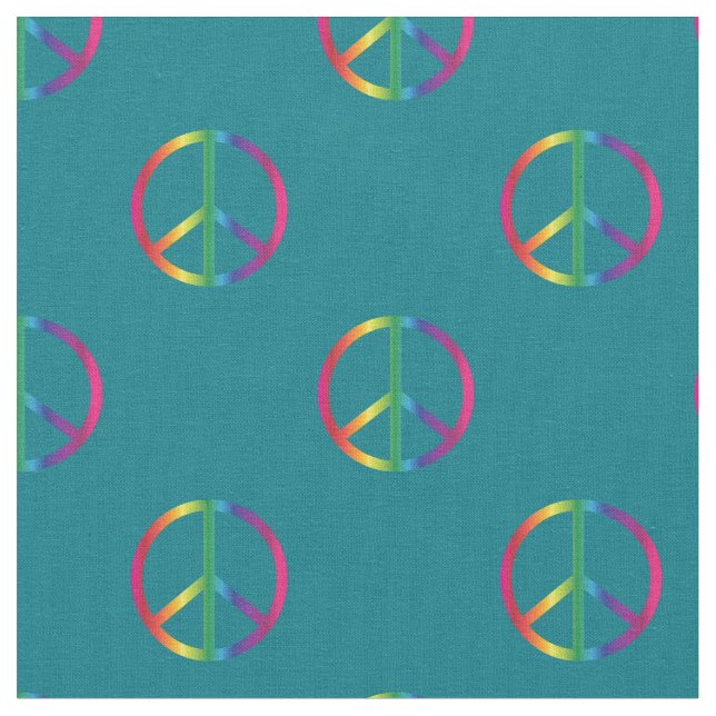 Rainbow Peace Signs Teal Fabric (Close Up)