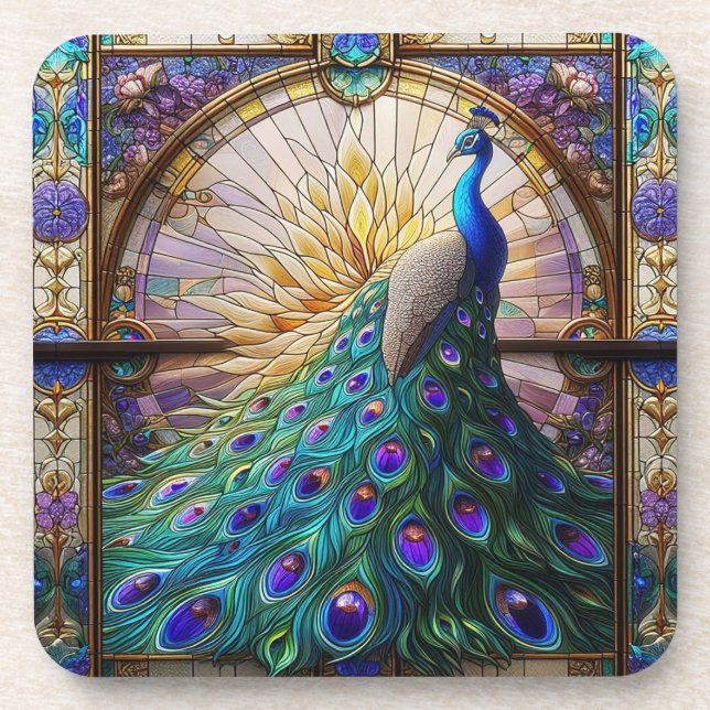 Rainbow Peacock Beverage Coaster Set (Front)