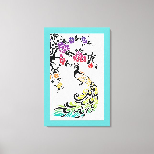 Rainbow peacock & cherry blossoms aqua border canvas print (Front)