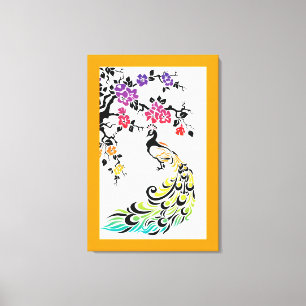 Rainbow peacock & cherry blossoms orange border canvas print