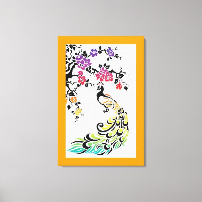 Rainbow peacock & cherry blossoms orange border canvas print (Front)