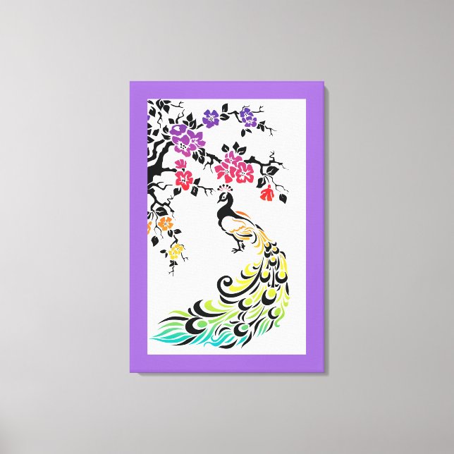 Rainbow peacock & cherry blossoms purple border canvas print (Front)